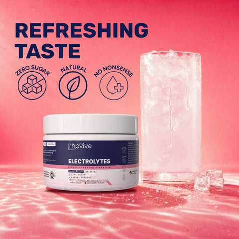 Refreshing taste: a jar of Rhovive Raspberry beside a tall glass with ice. Badges: zero sugar, natural, no nonsense