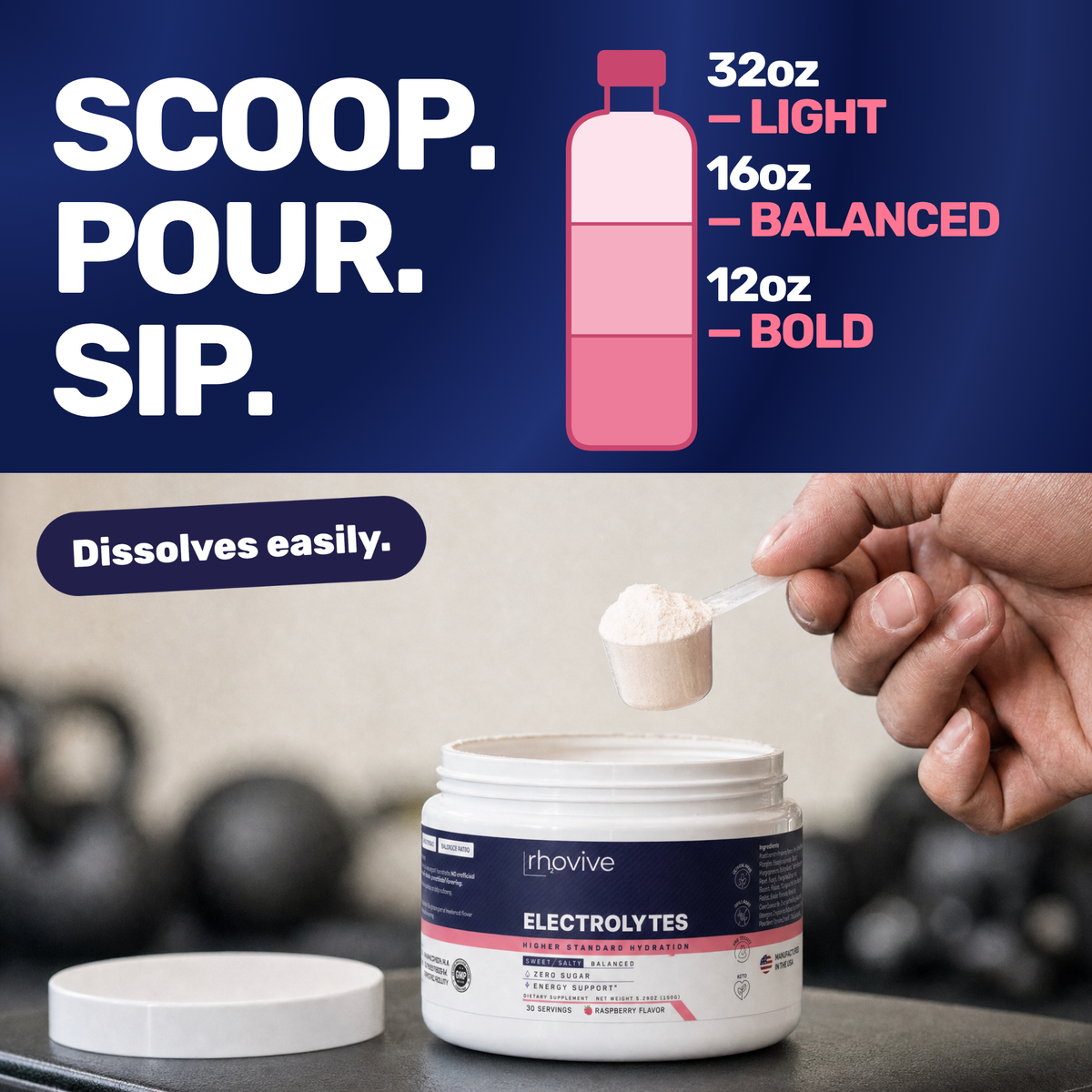 How to mix Rhovive Raspberry: one scoop in 12 to 32 oz of water