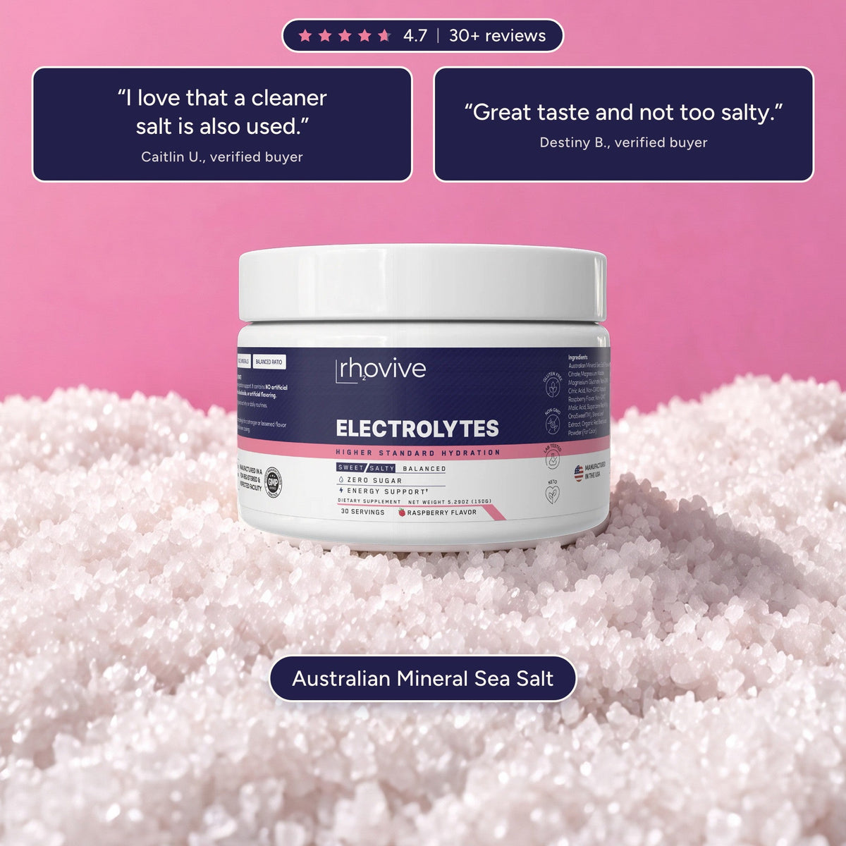 A jar of Rhovive Raspberry on a bed of Australian mineral sea salt with customer reviews