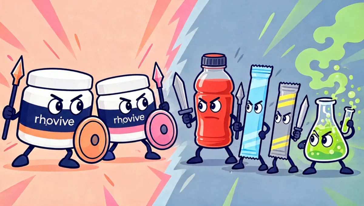 Cartoon: two Rhovive jars with shields and spears face off against a sports-drink bottle, two electrolyte sticks and a bubbling chemistry flask