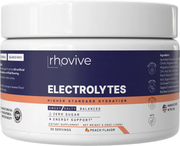 A jar of Rhovive Peach electrolyte powder