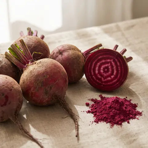 Red beets, one sliced, next to magenta beet powder