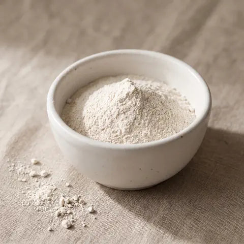 A small white bowl of fine off-white powder