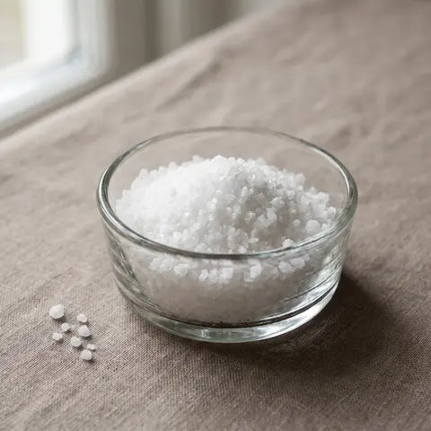 A small glass dish of coarse white crystals