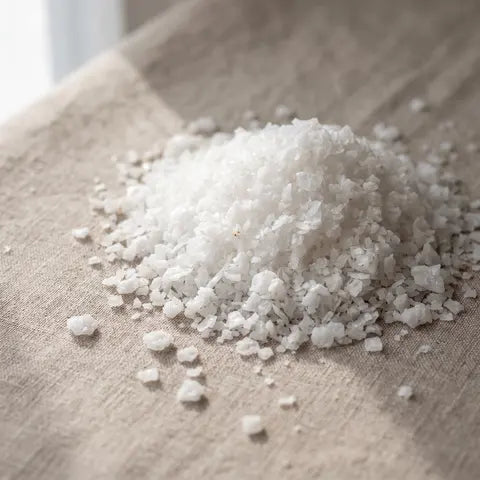 A heap of coarse white sea salt crystals