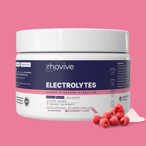Jar of Rhovive Raspberry electrolyte powder, 30 servings, on a pink background