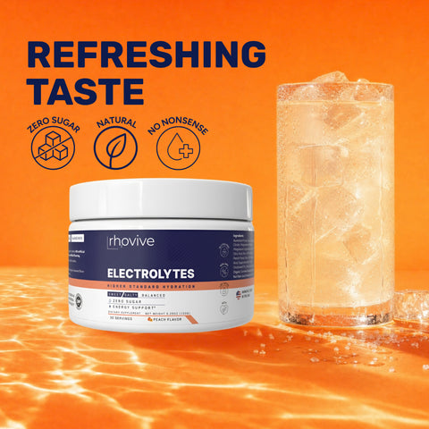Refreshing taste: a jar of Rhovive Peach beside a tall glass with ice. Badges: zero sugar, natural, no nonsense
