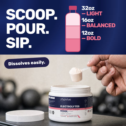 Scoop. Pour. Sip. A scoop of powder lifted from a jar of Rhovive Raspberry. Mixing guide: 12 oz bold, 16 oz balanced, 32 oz light. Dissolves easily