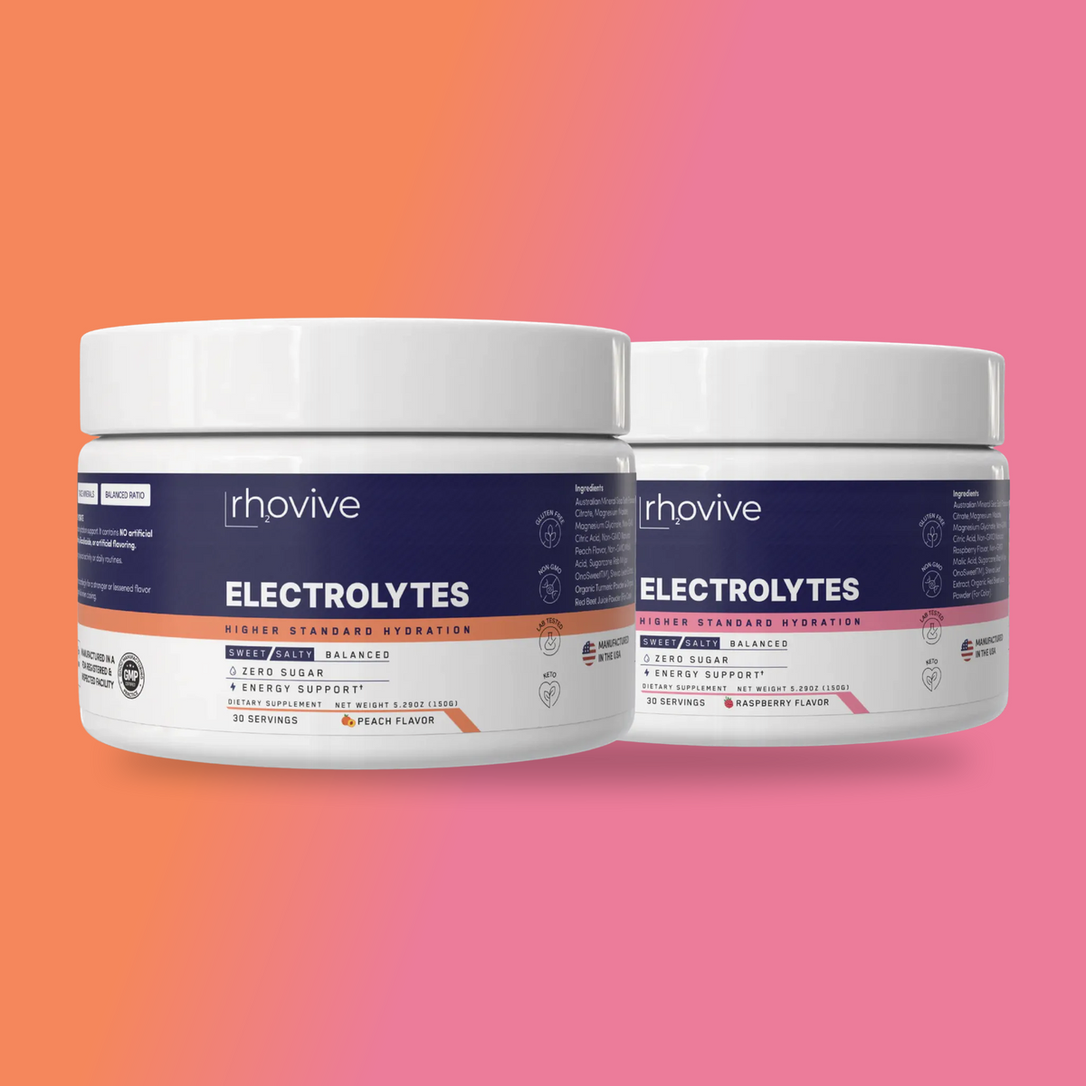 Rhovive Duo: one jar of Peach and one jar of Raspberry electrolyte powder on a peach-to-raspberry background
