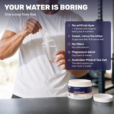 Your water is boring. One scoop fixes that: Rhovive Peach going into a water bottle at the gym. Organic beet juice and turmeric for color, sugarcane Reb M and stevia leaf, no maltodextrin, magnesium glycinate and malate, Australian mineral sea salt