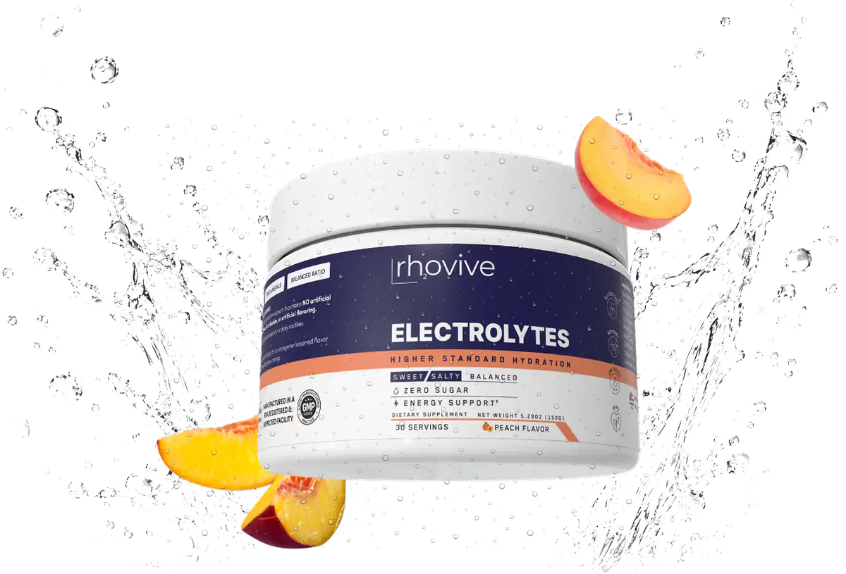 A jar of Rhovive Peach electrolyte powder