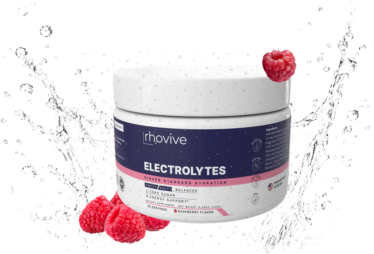 A jar of Rhovive Raspberry electrolyte powder
