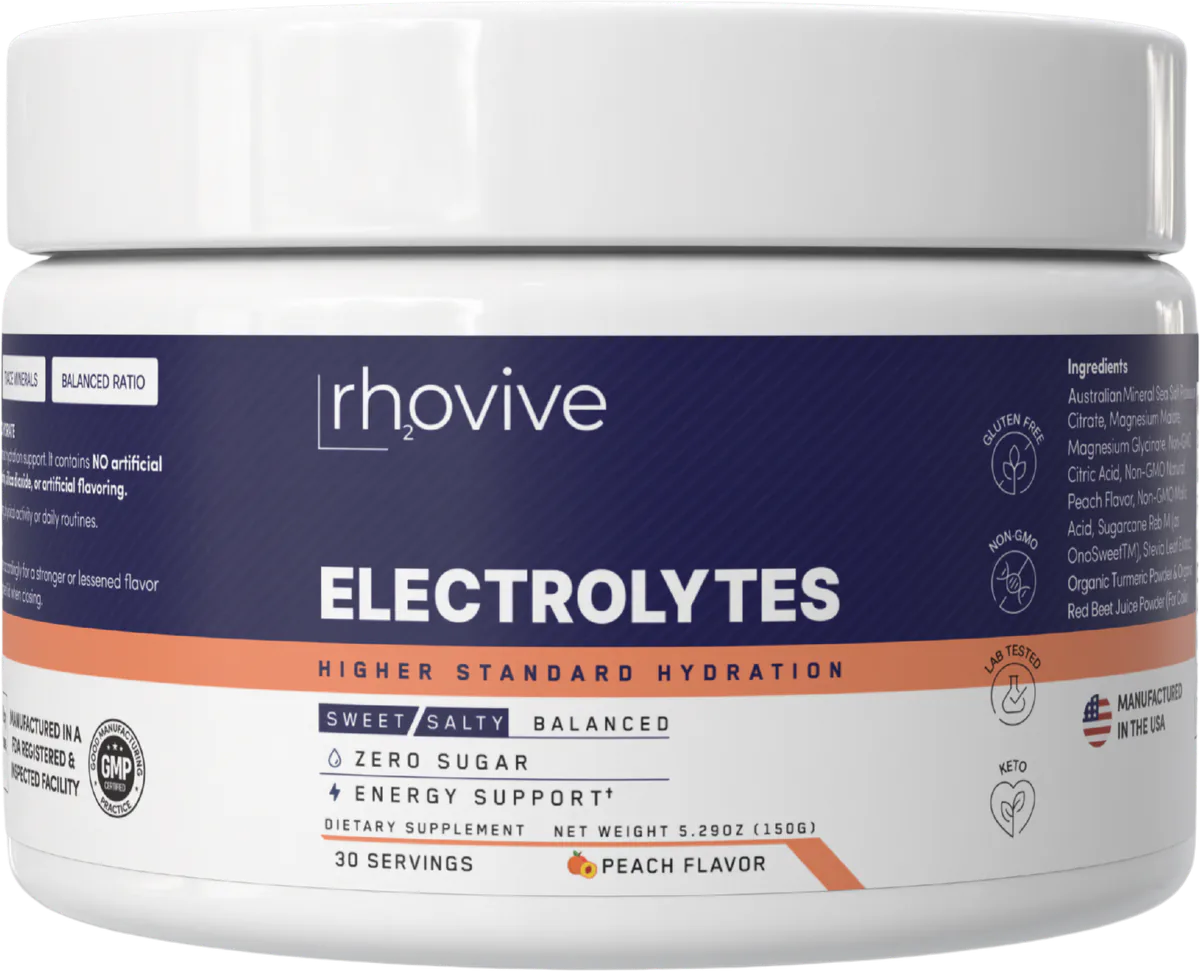 A jar of Rhovive Peach electrolyte powder