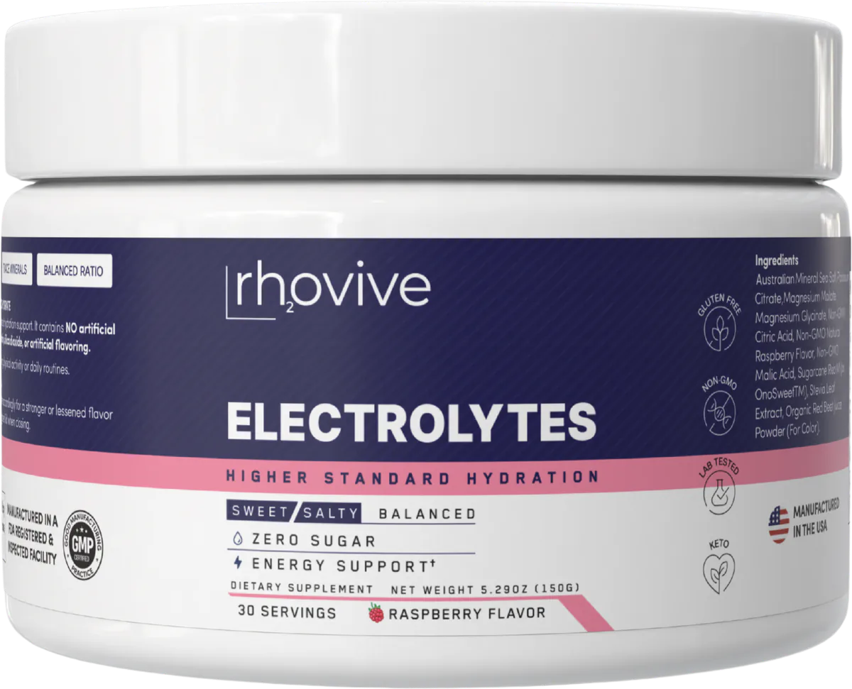 A jar of Rhovive Raspberry electrolyte powder