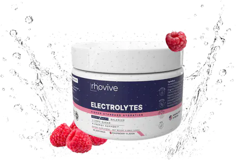 A jar of Rhovive Raspberry electrolyte powder