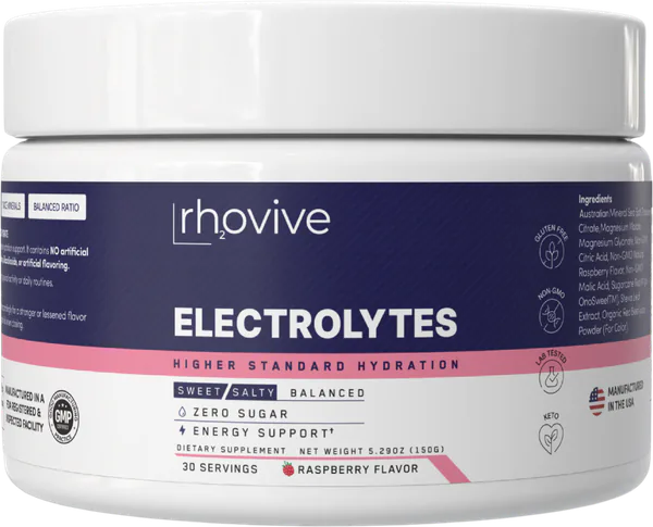 A jar of Rhovive Raspberry electrolyte powder
