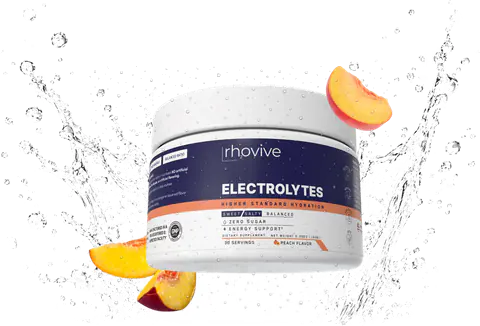 A jar of Rhovive Peach electrolyte powder